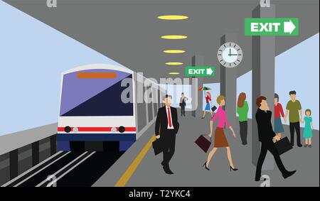 Location of the sky train station With many people walking blue  sky background Stock Vector