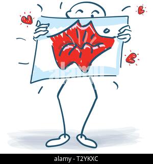 Stick figure with a poster, kiss  and love Stock Vector