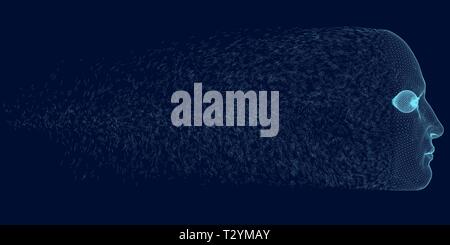 Head of the person scatters into small fragments. 3D. Side view. Wireframe of the head of a man of blue lines on a dark background. Vector illustratio Stock Vector