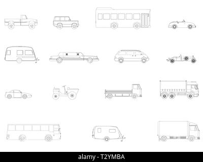 Set with contours of cars. Buses, cars, limousine, trucks. Side view Vector illustration Stock Vector