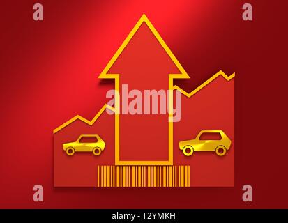 Car i icon and rise up arrow. Growth diagram and bar code. 3D rendering ...