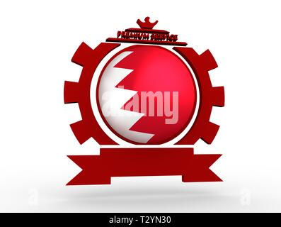 Sphere textured by flag of the Bahrain in gear shape emblem. Crumpled paper map. 3D rendering Stock Photo