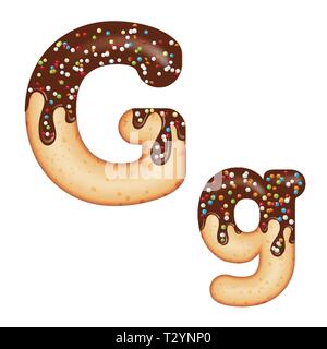 Tempting typography. Font design. Icing letter. Sweet 3D donut  letter G glazed with chocolate cream and candy. Vector Stock Vector