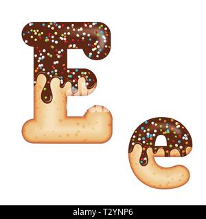 Tempting typography. Font design. Icing letter. Sweet 3D donut  letter E glazed with chocolate cream and candy. Vector Stock Vector