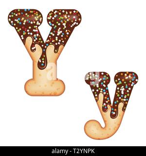Tempting typography. Font design. Icing letter. Sweet 3D donut  letter Y glazed with chocolate cream and candy. Vector Stock Vector