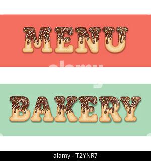 Tempting  typography. Icing text. Words "menu" and "bakery" glazed with chocolate and candy. Donut letters. Collection items. Vector Stock Vector