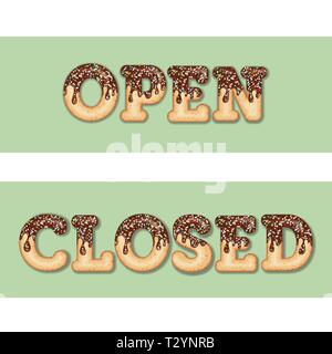 Tempting  typography. Icing text. Words "open" and "closed" glazed with chocolate and candy. Donut letters. Collection items. Vector Stock Vector