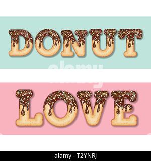 Tempting  typography. Icing text. Words "donut" and "love" glazed with chocolate and candy. Donut letters. Collection items. Vector Stock Vector