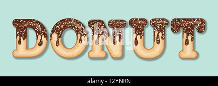 Tempting  typography. Icing text. Word  "donut" glazed with chocolate and candy. Donut letters. Vector Stock Vector