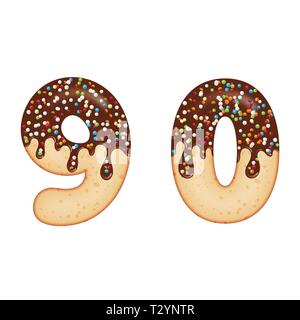 Tempting typography. Font design. Icing letter. Sweet 3D donut numbers nine and zero, glazed with chocolate cream and candy. Vector Stock Vector