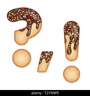 Tempting typography. Font design. Icing letter. Sweet 3D donut  punctuation marks glazed with chocolate cream and candy. Vector Stock Vector