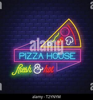 Pizza House - Neon Sign Vector. Pizza House - neon sign on brick wall background, design element, light banner, announcement neon signboard, night adv Stock Vector