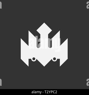 The white crown logo is isolated on a black background has an imitation of eyes. the royal symbol has five sharp peaks Stock Vector