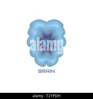 Human brain with a computer chip. Vector illustration is in blue shades. It is isolated on a white background. The paper cut effect with a text. Stock Vector