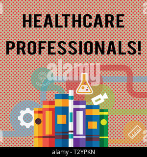 Text sign showing Healthcare Professionals. Business photo showcasing operate branches care including medicine surgery Books Arranged Standing Up in R Stock Photo