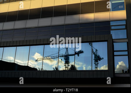 Reflections of construction cranes in an city office black window at dusk Stock Photo