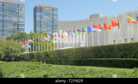 some of the national flags outside the united nations building in new york Stock Photo