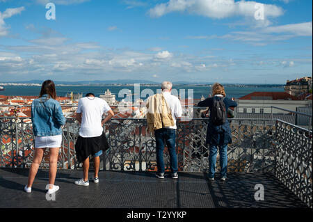 11.06.2018, Lisbon, Portugal, Europe - An elevated view from the Santa Justa Lift over the historic old city with the Tagus River in the backdrop. Stock Photo