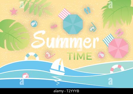 Summer landscape Aerial view of summer beach Vector illustration in trendy style Stock Vector