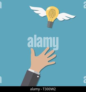 Catching The Flying Idea. Buisness man hand, light bulb with helix-brain with wings at blue backgound in flat design. Concept for web design, infograp Stock Vector
