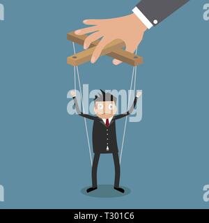 Cartoon Businessman marionette on ropes controlled by hand, vector illustration in flat design on blue backgound Stock Vector