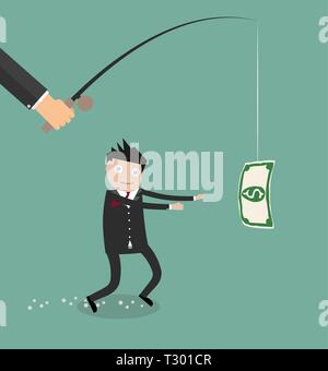 Hand with fishing pole and dollar cash control greedy businessman under  hypnose. vector illustration in flat design on green backgound Stock Vector  Image & Art - Alamy