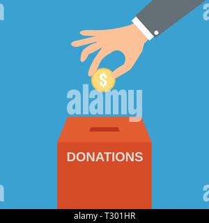 Buisness man hand putting gold coin in red donation box on blue backgound. vector illustration in flat style, infographics web design elements Stock Vector