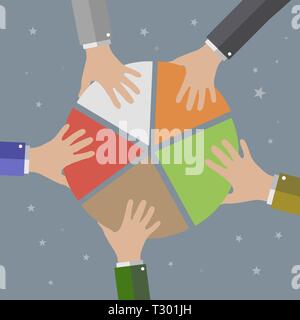 Five Businessmans Hands picking pie chart parts. Financials, market concepts. vector illustration in flat design on grey background Stock Vector