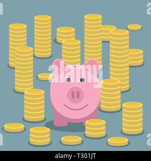 Pink piggy bank and stacks of gold coins on grey backgound, vector illustration in flat design. infographics web design elements Stock Vector