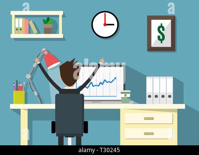 cartoon businessman happy sitting infront of his laptop with the graph showing the arrow going up. Business growth concept. Vector illustration in fla Stock Vector