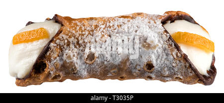 A single isolated Sicilian cannolo, or deep fried pastry tube, with a sweet creamy filling garnished with orange rind in a close up view on white Stock Photo