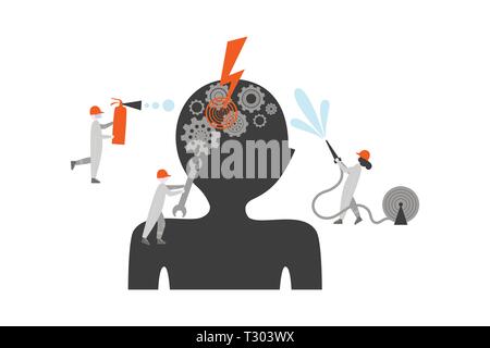 Brain disease treatment flat vector illustration. Tiny rescuers curing patient metaphor. Black abstract human head silhouette. Headache, stroke, epile Stock Vector