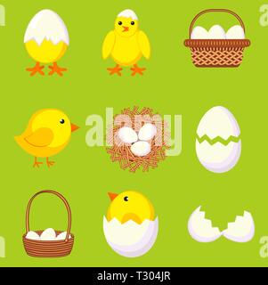 Colorful cartoon chicken eggs set. New chicks, cracked eggs and nest. Farm bird vector illustration for icon, stamp, label, certificate, brochure, gif Stock Vector