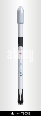 April 05, 2019: Illustration of the Falcon 9 rocket, produced by SpaceX. Stock Vector