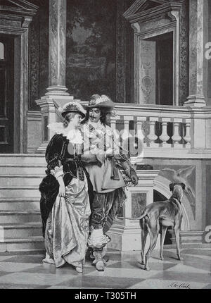 Digital improved reproduction, Exit, distinguished pair goes down the stairs of the palace, dog, after a painting of Tito Conti, Ausgang, vornehmes Paar geht die Treppen des Palastes hinunter, Hund, nach einem Gemälde von Tito Conti, from an original print from the 19th century Stock Photo
