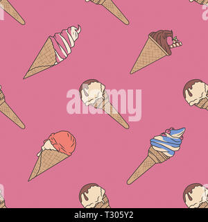 Seamless summer pattern with drawn cartoon ice cream cones on pink background Stock Photo