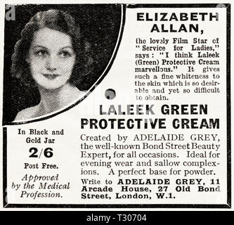 Original 1930s vintage old print advertisement from 30s English magazine advertising Laleek Green protective cream by Adelaide Grey of Arcade House Old Bond Street London W1 England UK circa 1932 Stock Photo