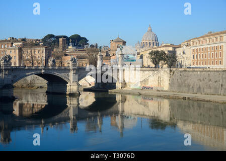 Ponte Vittorio Emanuele II Bridge, River Tiber and Townscape of Rome with Dome of Saint Peter's Basilica Rome Italy Stock Photo