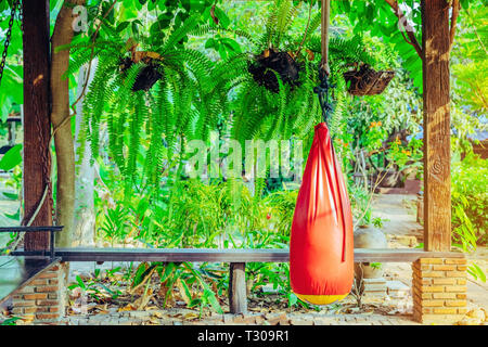 Red sand bag for Muay Thai hanging in the garden living room. Stock Photo