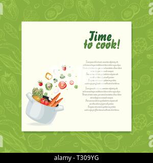 Background with Vegetables flying into the pot. Vector illustration for your design Stock Vector