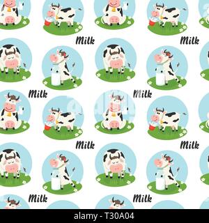 Seamless pattern with farm cows and milk bottle. Vector illustration for your design Stock Vector