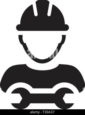 Contractor icon vector male worker person profile avatar with hardhat helmet and wrench or spanner tool in glyph pictogram illustration Stock Vector