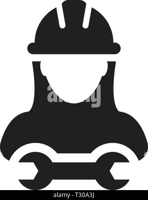 Construction worker icon vector female service person profile avatar with hardhat helmet and wrench or spanner tool in glyph pictogram illustration Stock Vector