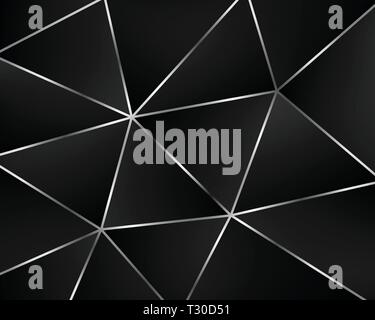 Abstract black geometric background from triangles. Luxury template design with dark gradient and silver line frame. Vector illustration. Stock Vector