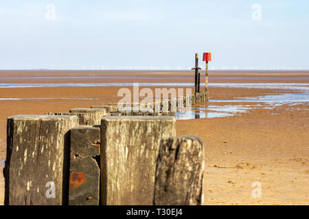 Wooden groyne curves into the distance terminating in a warning beacon at low tide on the Humber Estuary at Cleethorpes beach, Lincolnshire, England,  Stock Photo