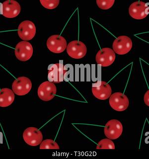 Realistic cherry seamless pattern on black isolated background. Fruity texture concept for web design, covers, drapery, clothing materials, tablecloth Stock Vector