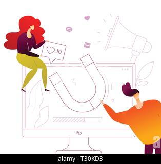 Social media marketing - modern flat design style colorful illustration on white background. A composition with cute male and female smm specialists a Stock Vector