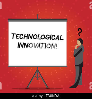 Conceptual hand writing showing Technological Innovation. Concept meaning comprise new products and its significant changes Businessman with Question  Stock Photo