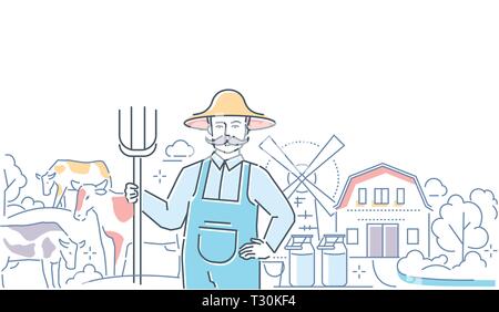 Milk farm - colorful line design style illustration on white background. High quality header with a farmer holding a hay fork, cows, windmill, churns, Stock Vector