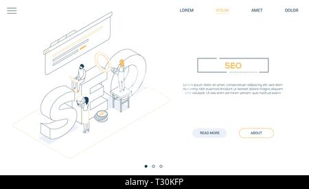 Seo optimization - line design style isometric web banner on white background with inscription. A header with male and female specialists working, hol Stock Vector